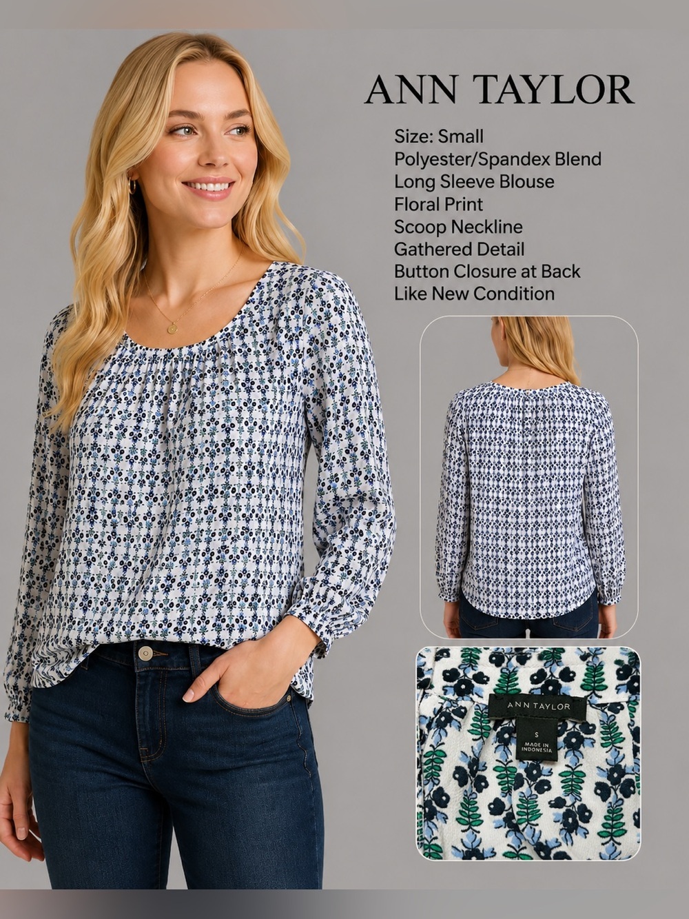Ann Taylor Floral Print Long Sleeve Blouse Size Small White Blue Green